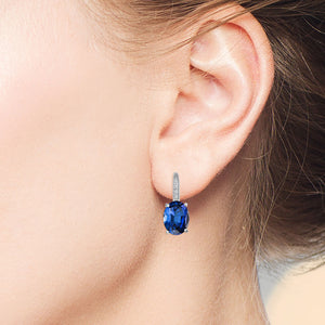 "Nicole" Oval Cut Sapphire Blue Drop Earrings - Silver