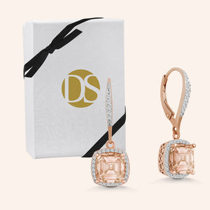 "Amy" 2.0CTW Champagne Cushion Cut Pave Halo Dangling Earrings - Rose Gold