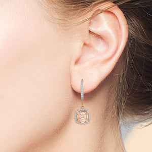 "Amy" 2.0CTW Champagne Cushion Cut Pave Halo Dangling Earrings - Rose Gold