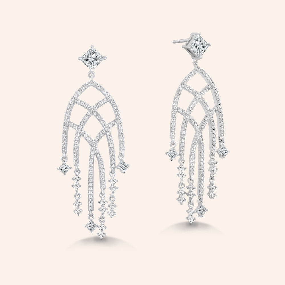 “Issa” 4CTW Princess Cut Post Chandelier Earrings - Silver
