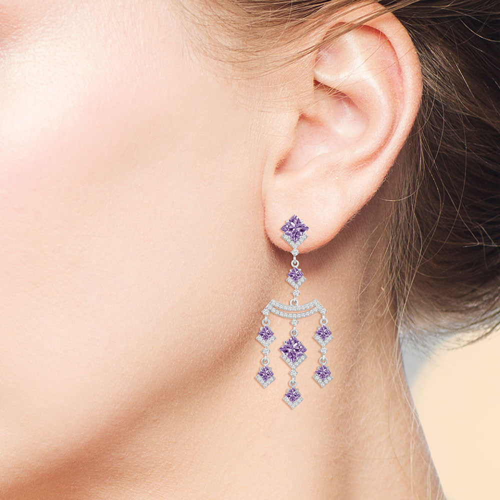 "Kendall" Amethyst Princess Cut & Round Cut Stones Chandelier Earrings - Silver