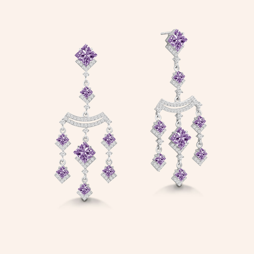 "Kendall" Amethyst Princess Cut & Round Cut Stones Chandelier Earrings - Silver