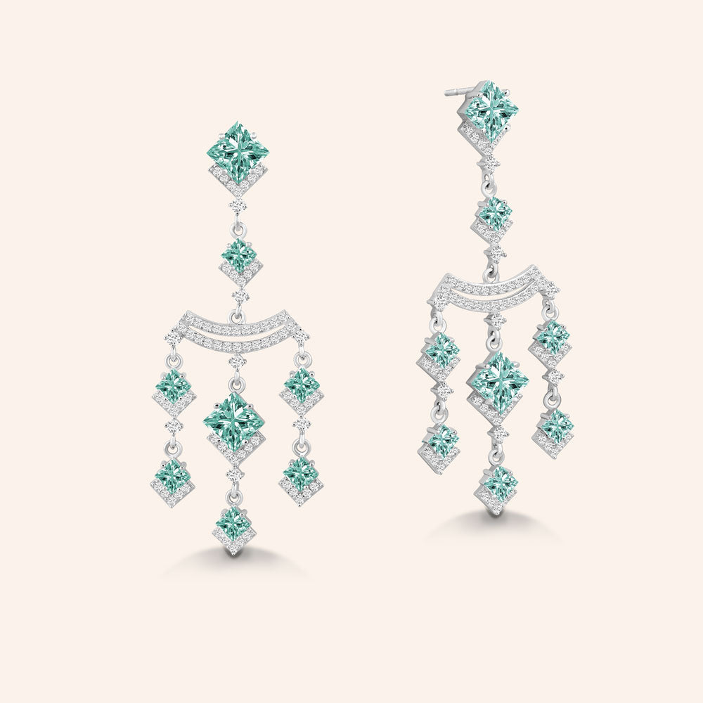 "Kendall" Princess Cut & Round Cut Stones Chandelier Earrings - Silver