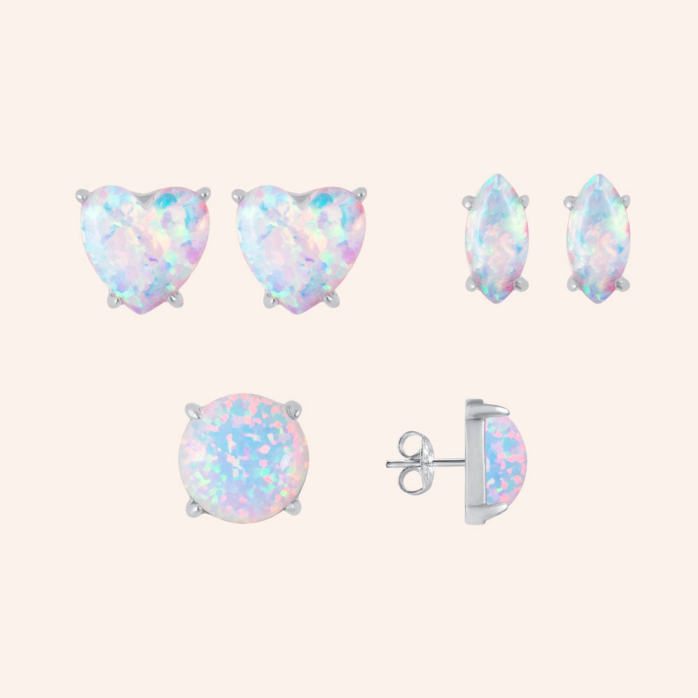 "Three Ways to Glow"  Round, Heart and Marquise Cut Set of 3 Opal Post Earrings -  Sterling Silver / Rose Gold Vermeil