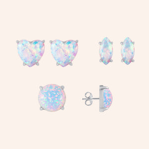 "Three Ways to Glow"  Round, Heart and Marquise Cut Set of 3 Opal Post Earrings -  Sterling Silver / Rose Gold Vermeil