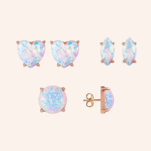 "Three Ways to Glow"  Round, Heart and Marquise Cut Set of 3 Opal Post Earrings -  Sterling Silver / Rose Gold Vermeil