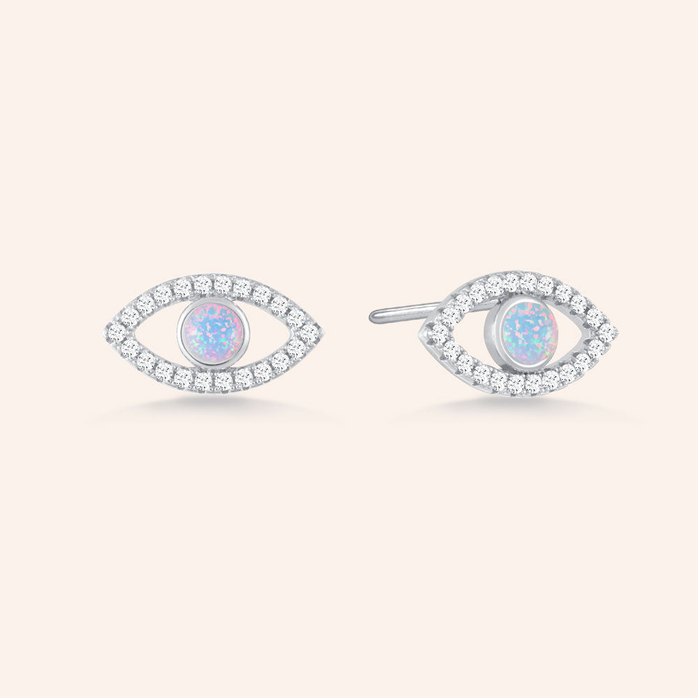 "Eye See you" 0.9CTW Round Opal Halo Evil Eye Earrings -  Sterling Silver / Rose Gold Vermeil