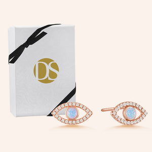 "Eye See you" 0.9CTW Round Opal Halo Evil Eye Earrings -  Sterling Silver / Rose Gold Vermeil