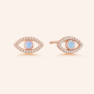 "Eye See you" 0.9CTW Round Opal Halo Evil Eye Earrings -  Sterling Silver / Rose Gold Vermeil