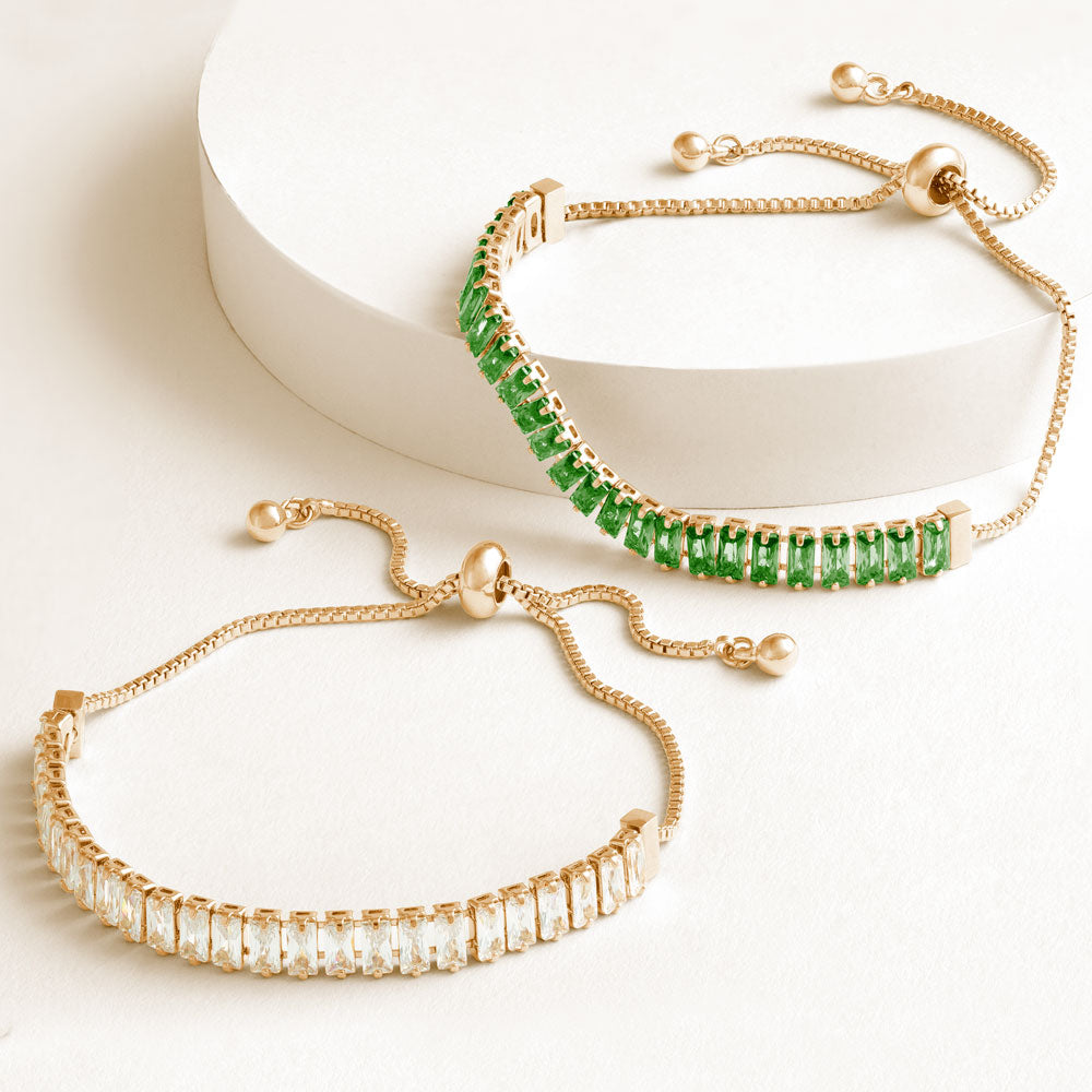 "Stellar Duo" 12.5CTW Clear & Emerald Green Baguette Cut Tennis Pull-Tie Bracelet Set - Gold