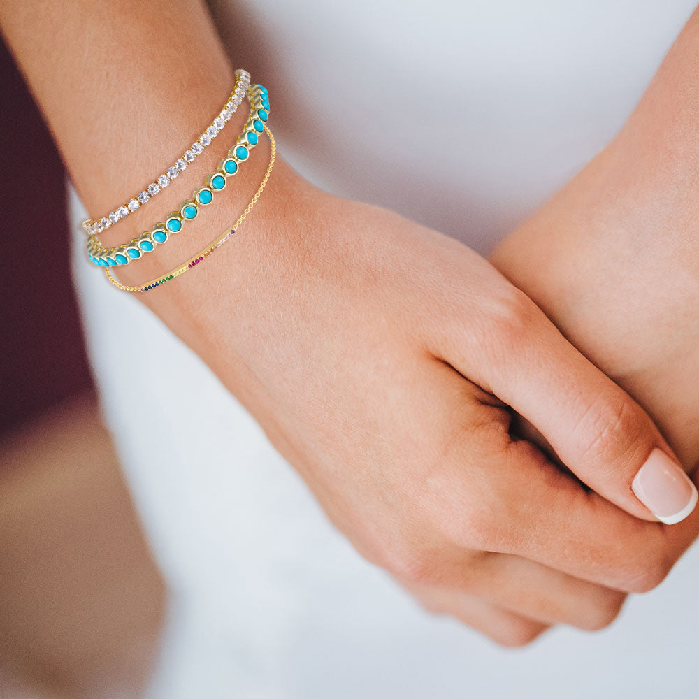 "Milestone" Round Cut Bezel set Turquoise Tennis Bracelet - Includes Extender - Gold