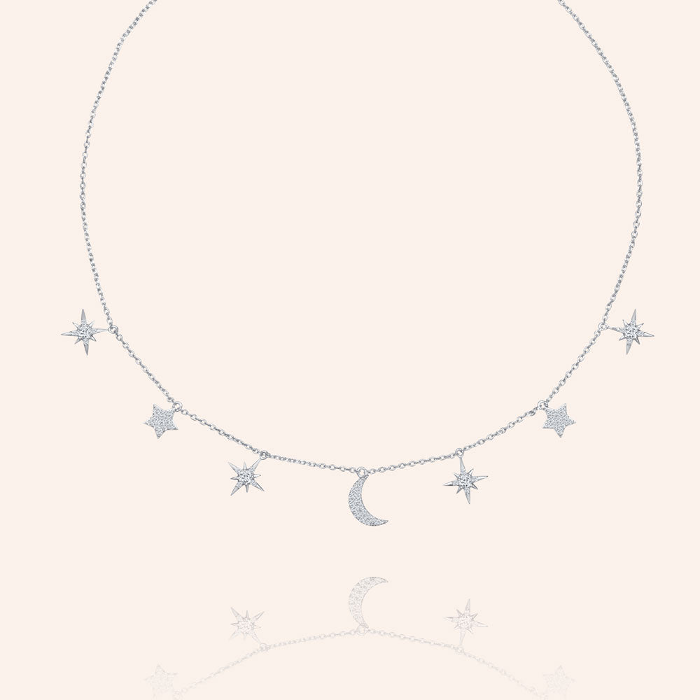 "Celestial" 1.2CTW  Pave Moon & Stars Charms Adjustable Choker Necklace