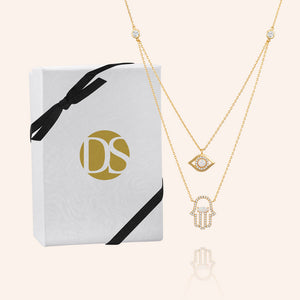 "Keep Me Safe" 1.0CTW Pave & Opal Evil Aye and Hand Duo Layering Necklace - Gold