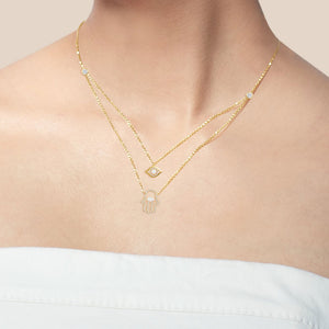 "Keep Me Safe" 1.0CTW Pave & Opal Evil Aye and Hand Duo Layering Necklace - Gold
