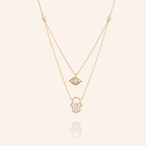 "Keep Me Safe" 1.0CTW Pave & Opal Evil Aye and Hand Duo Layering Necklace - Gold