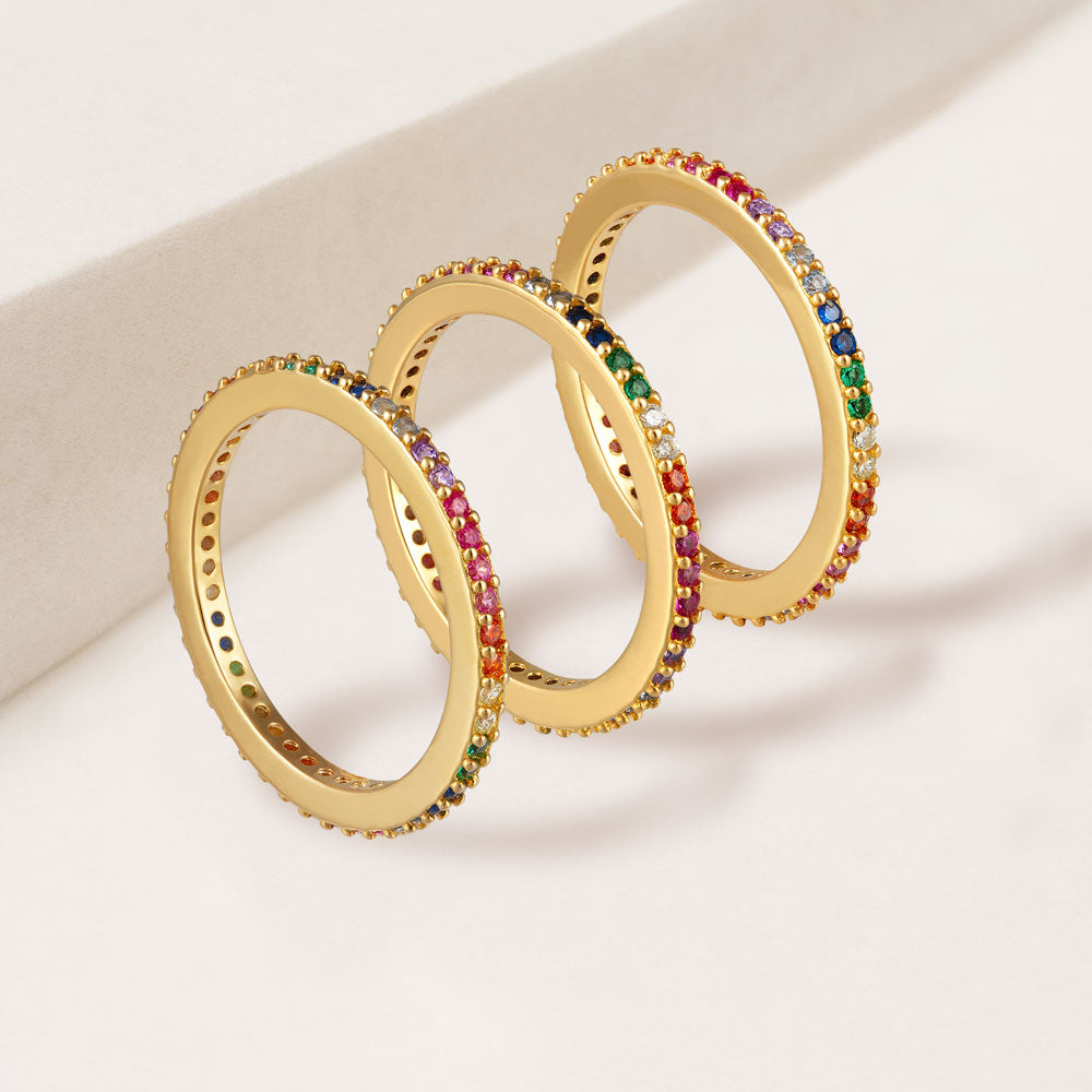 "Eternal Trio" 3.3CTW Rainbow Round Cut  Eternity Bands Ring Set of 3- Gold