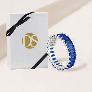 "The Oasis" 6.9CTW Sapphire Blue Baguette Cut Eternity Band Ring- Silver