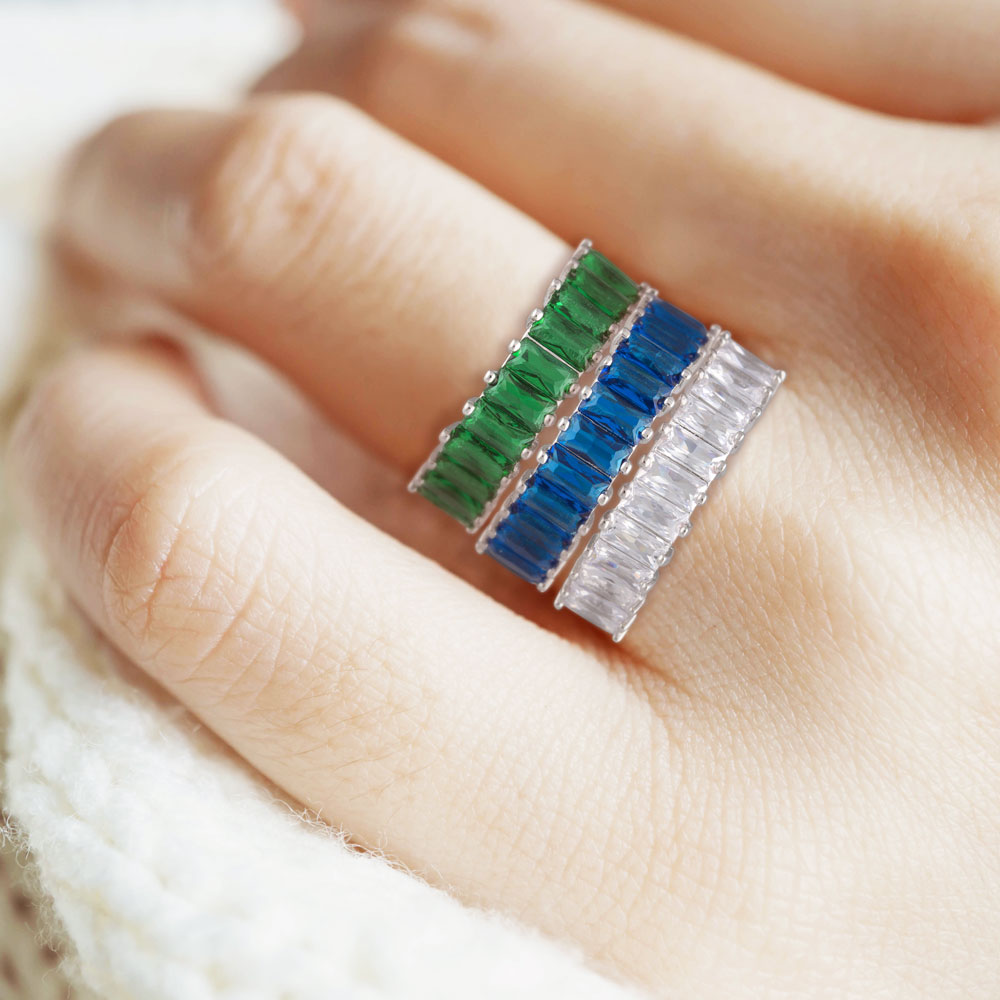 "The Oasis" 6.9CTW Sapphire Blue Baguette Cut Eternity Band Ring- Silver