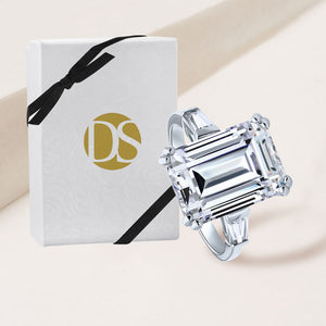 "The Celebrity" 9.5CTW Emerald & Baguette Cut 3 Stone Statement Ring- Silver