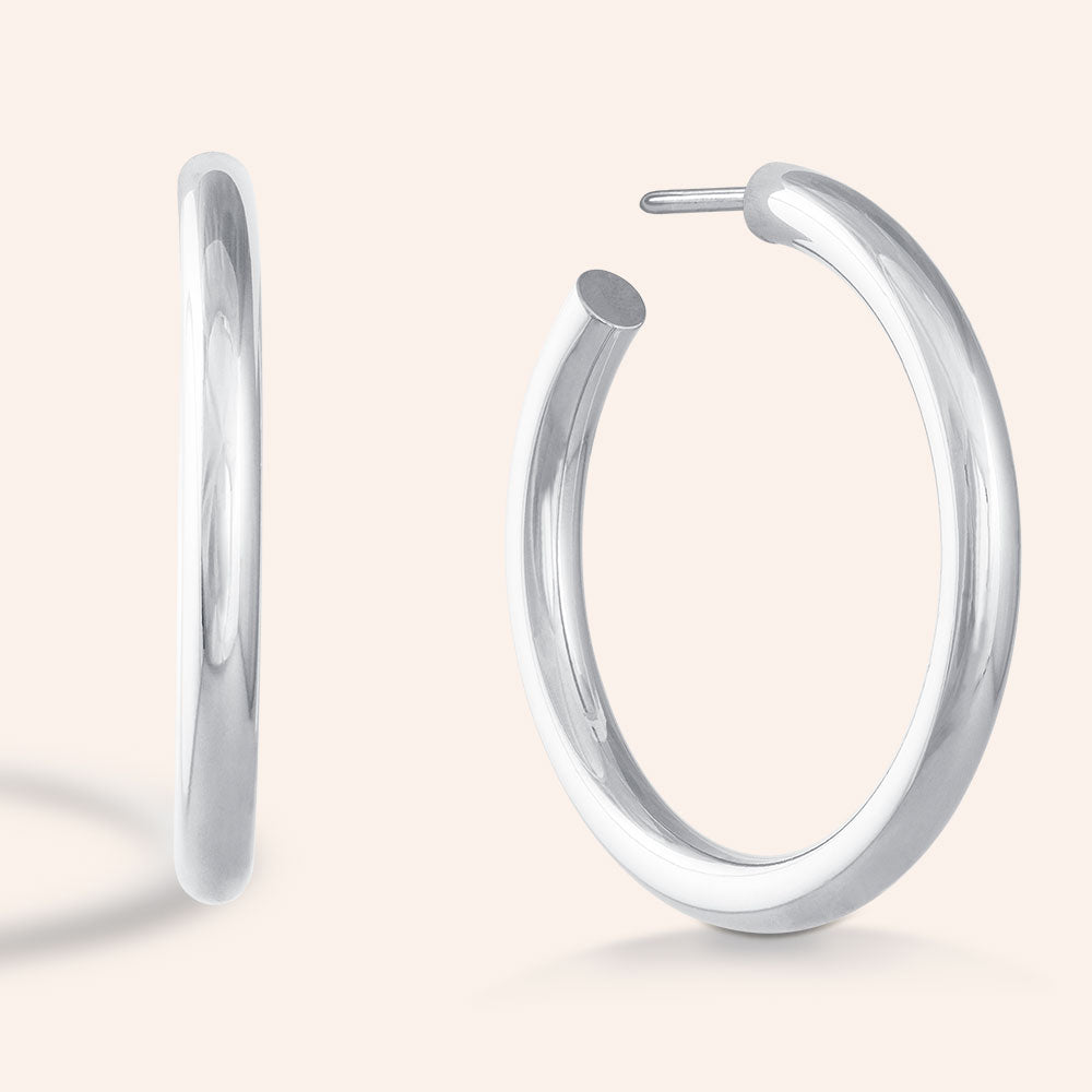 "D Essential" High Polished Grand Round Tube Hoop Earrings - Silver