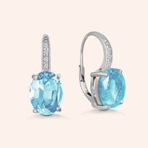 "Nicole" Oval Cut Sapphire Blue Drop Earrings - Silver