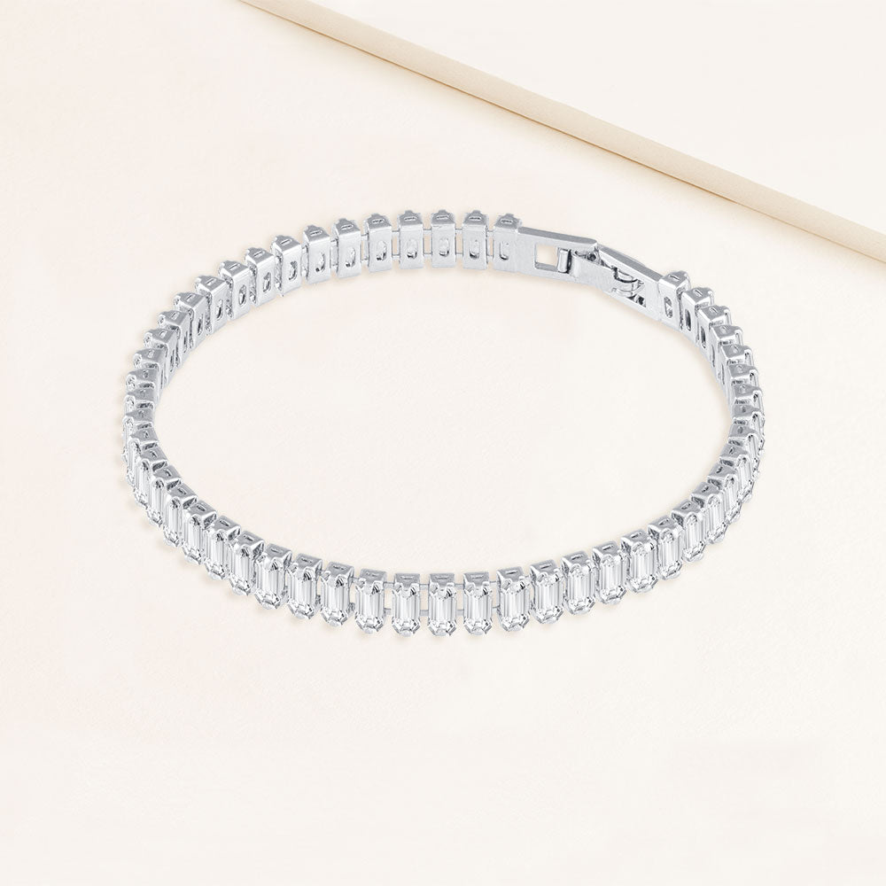 "Socialite" 6.5CTW Baguette Cut Tennis Bracelet - Includes Extender - Silver