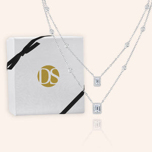 "Daily Double" 4.6CTW Emerald Cut Halo Pendants Duo Layering Necklace - Silver