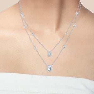 "Daily Double" 4.6CTW Emerald Cut Halo Pendants Duo Layering Necklace - Silver