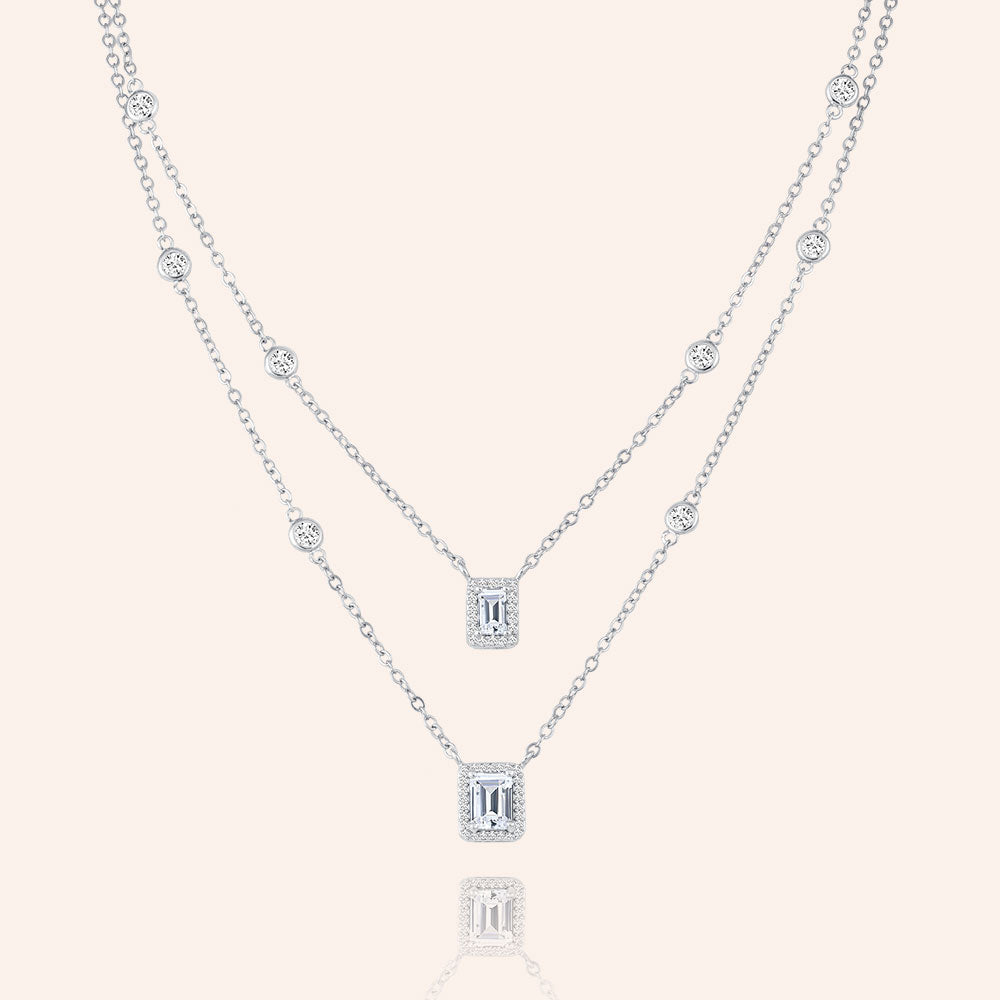"Daily Double" 4.6CTW Emerald Cut Halo Pendants Duo Layering Necklace - Silver