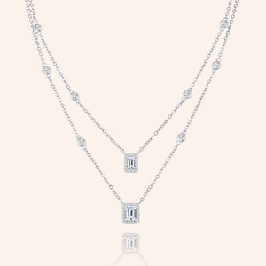 "Daily Double" 4.6CTW Emerald Cut Halo Pendants Duo Layering Necklace - Silver