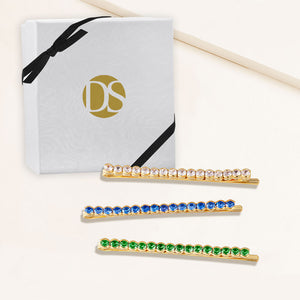 "Full of Possibilities" Set of Three  Clear, Emerald and Sapphire 4.2CTW Round Cut Cubic Zirconia Hair Pins - Gold