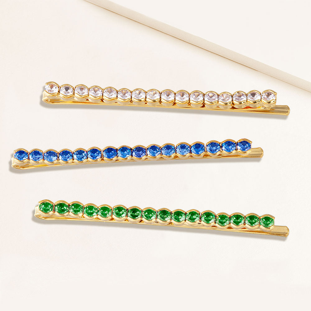 "Full of Possibilities" Set of Three  Clear, Emerald and Sapphire 4.2CTW Round Cut Cubic Zirconia Hair Pins - Gold