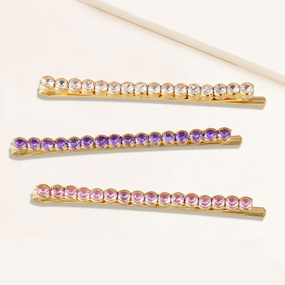 "Full of Possibilities" Set of Three  Clear, Lavender and Rose 4.2CTW Round Cut Cubic Zirconia Hair Pins - Gold