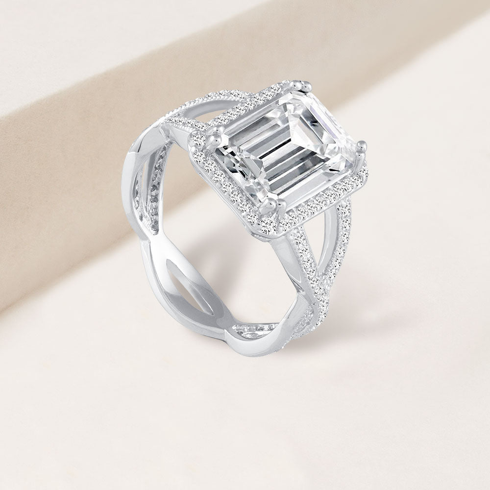 "You're the One" 5.2CTW Emerald Cut Woven Halo Ring - Silver