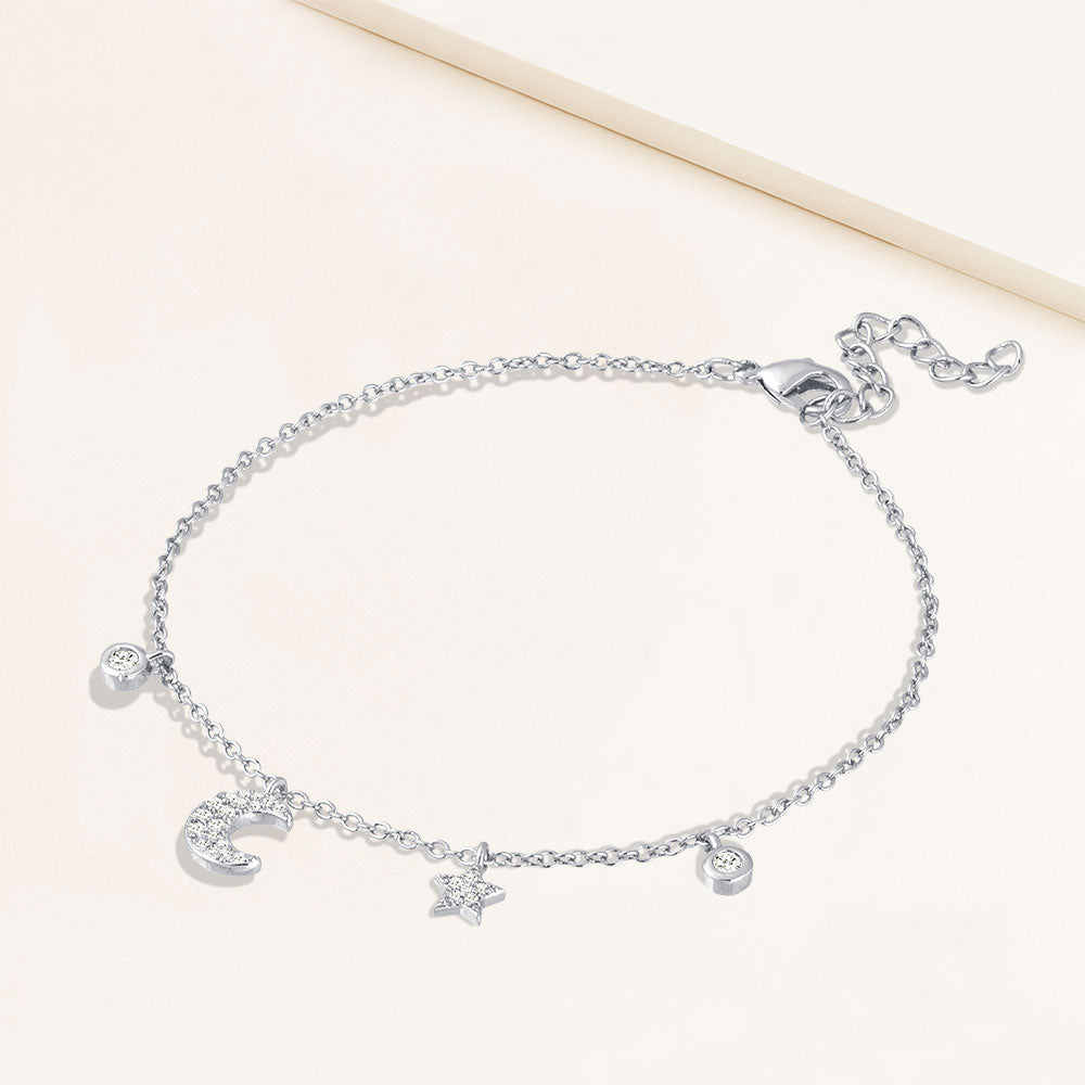 "Wishing on a Star" 0.9 CTW Pave Moon and Star Charm Bracelet - Sterling Silver / Gold Vermeil