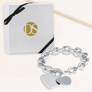 "Double Love" Heart Pendants Oval Link Chain Toggle Bracelet