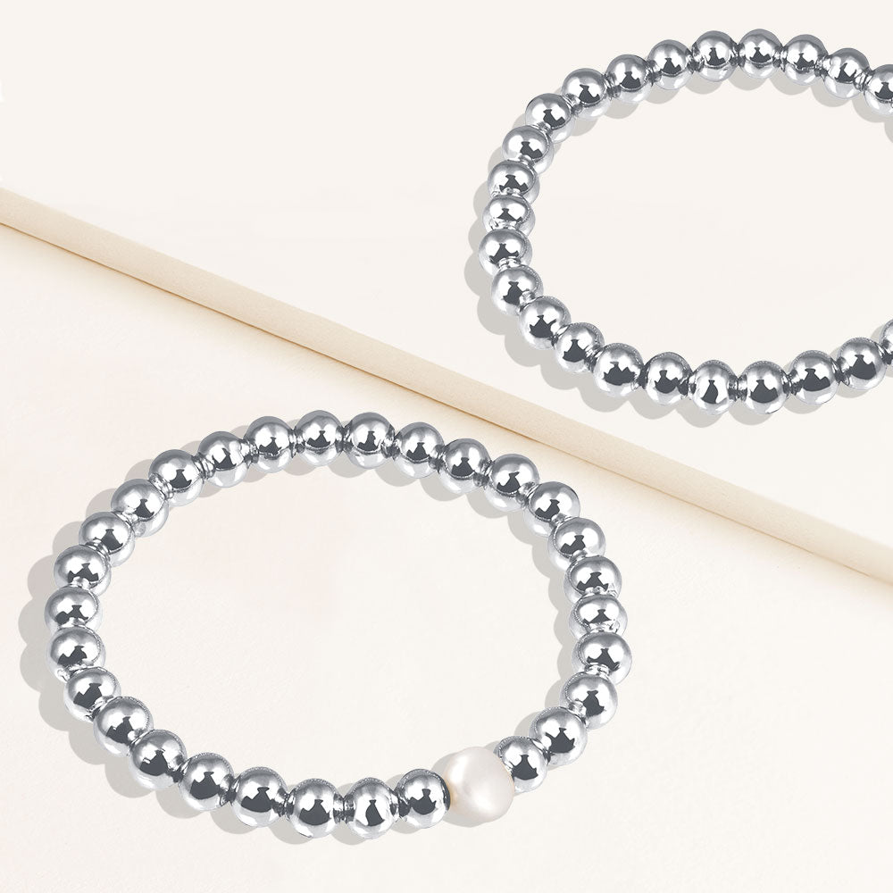 "Serena"  Set of Two Pearl & Highly Polished Beads Stretch Bracelets