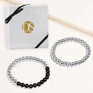 "Serena"  Set of Two Black Onyx & Highly Polished Beads Stretch Bracelets