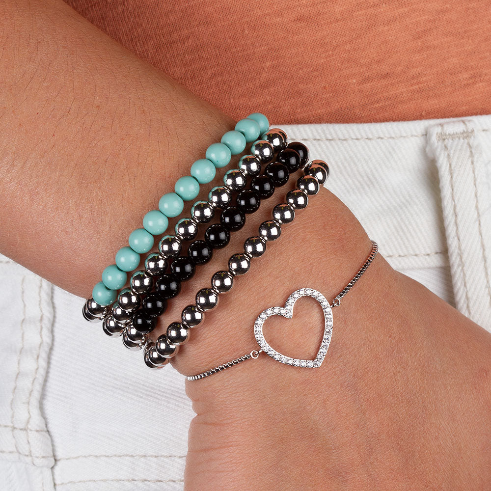 "Serena"  Set of Two Black Onyx & Highly Polished Beads Stretch Bracelets