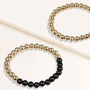 "Serena"  Set of Two Black Onyx & Highly Polished Beads Stretch Bracelets