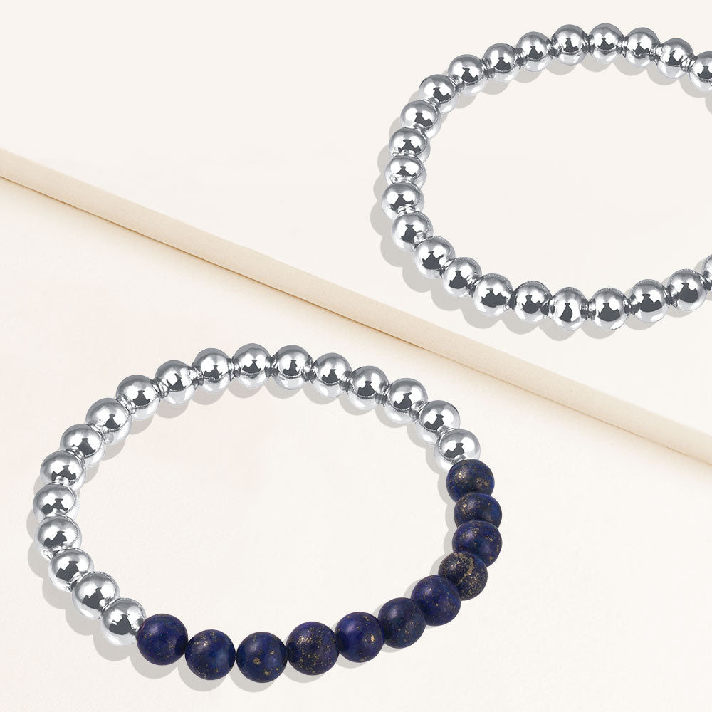 "Serena"  Set of Two Lapis & Highly Polished Beads Stretch Bracelets