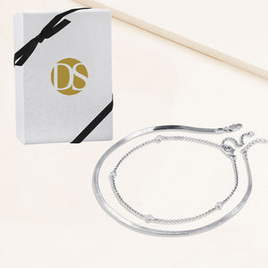 "Passion Duo" Set of Two Herringbone and Station Chain Anklets