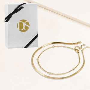 "Passion Duo" Set of Two Herringbone and Station Chain Anklets