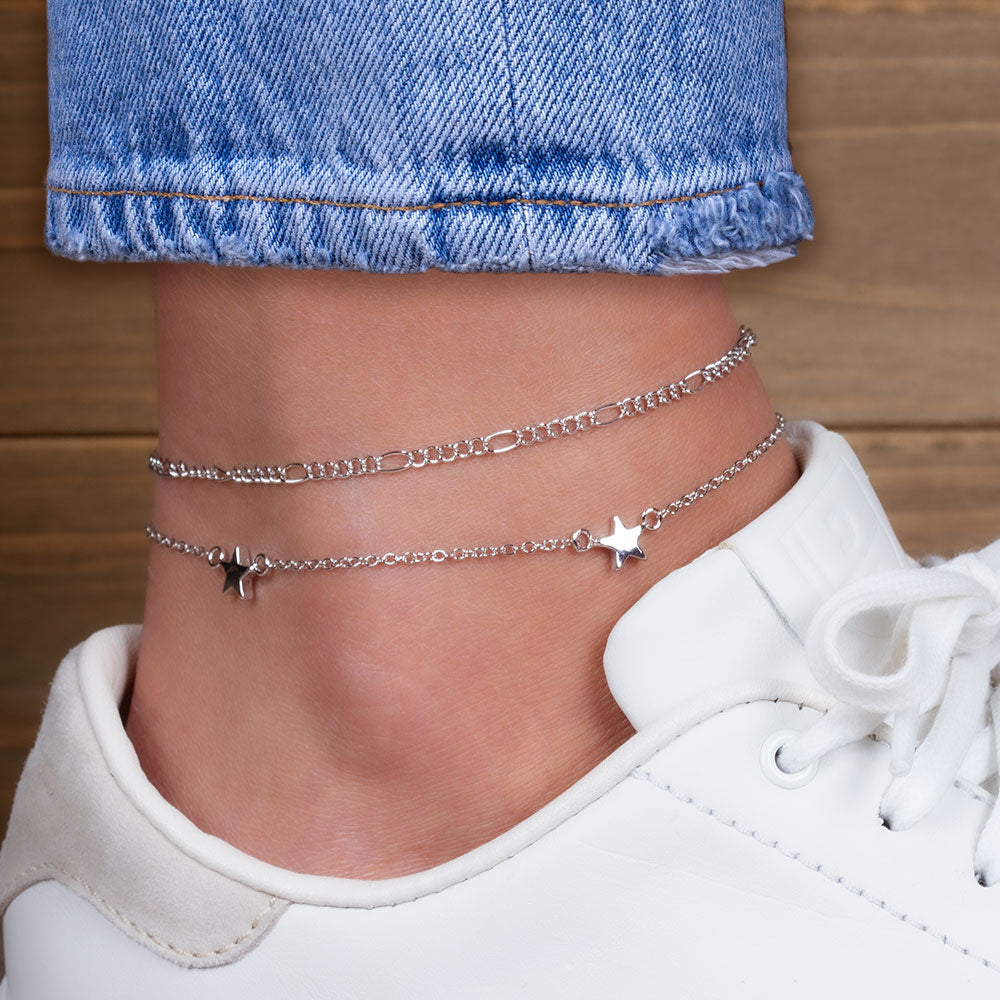 "Celestial Duo" Set of Two Charms and Figaro Chain Anklets