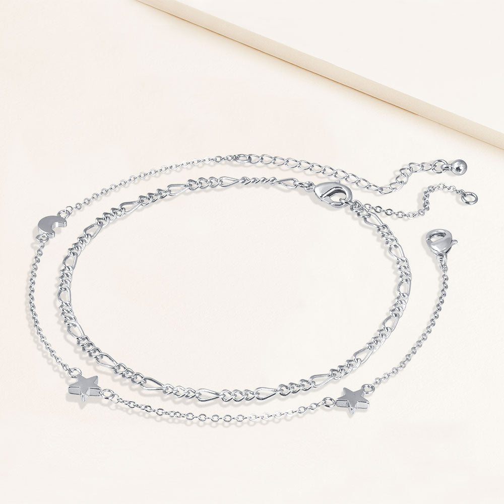 "Celestial Duo" Set of Two Charms and Figaro Chain Anklets