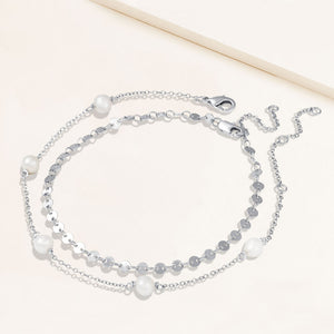 "Let's Go Duo" Set of Two Freshwater Pearl Station & Disc Chain Anklets