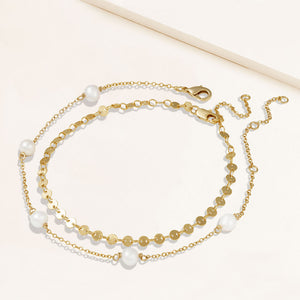 "Let's Go Duo" Set of Two Freshwater Pearl Station & Disc Chain Anklets