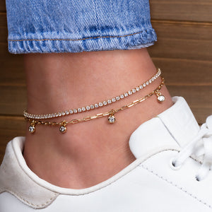 "Lover" 4.3CTW Prong- Set Round Cut Tennis & Charms Clip Chain Layered Anklet