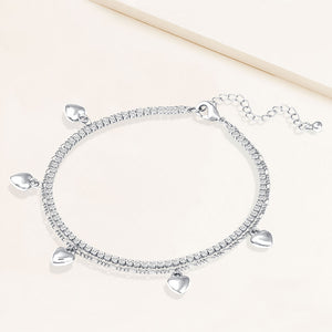 "Sweetheart" 4.1CTW Prong- Set Round Cut Tennis & Heart Charms Figaro Chain Layered Anklet