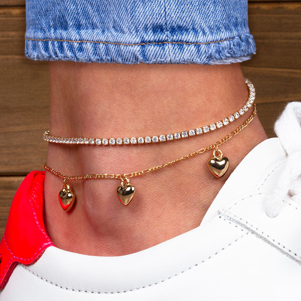 "Sweetheart" 4.1CTW Prong- Set Round Cut Tennis & Heart Charms Figaro Chain Layered Anklet